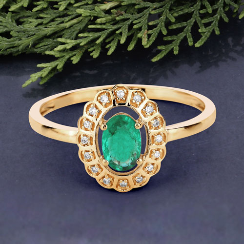 0.48 Carat Genuine Zambian Emerald and White Diamond 14K Yellow Gold Ring