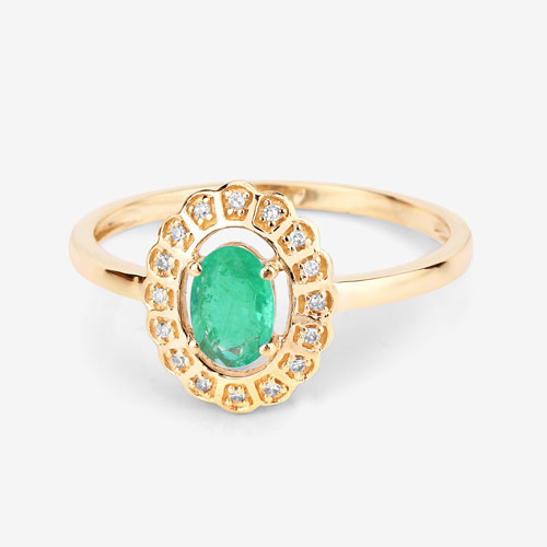 0.48 Carat Genuine Zambian Emerald and White Diamond 14K Yellow Gold Ring