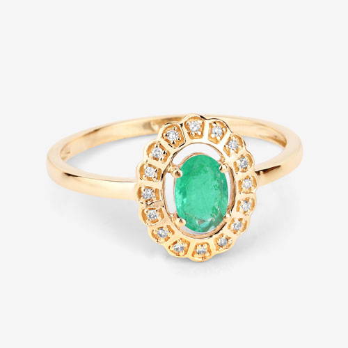 0.48 Carat Genuine Zambian Emerald and White Diamond 14K Yellow Gold Ring