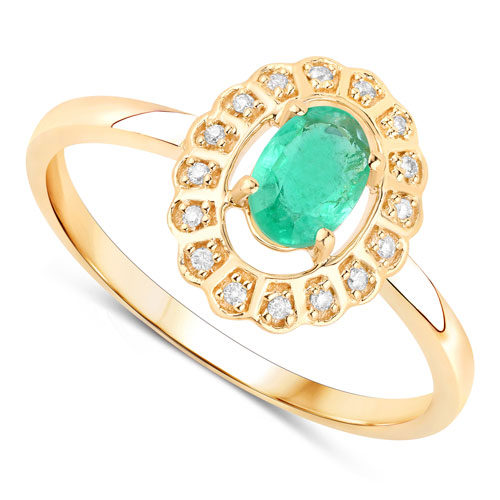 0.48 Carat Genuine Zambian Emerald and White Diamond 14K Yellow Gold Ring