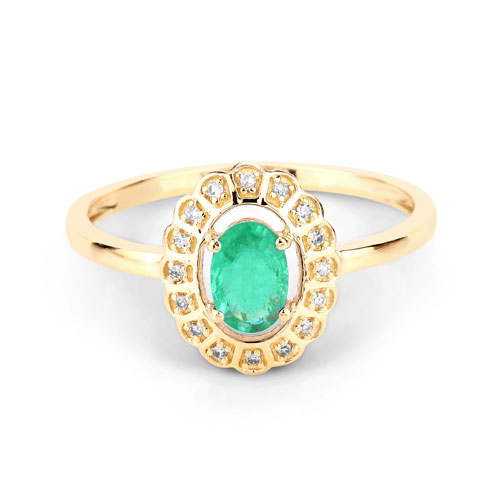 0.48 Carat Genuine Zambian Emerald and White Diamond 14K Yellow Gold Ring