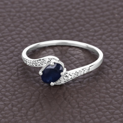 0.53 Carat Genuine Blue Sapphire and White Diamond 14K White Gold Ring