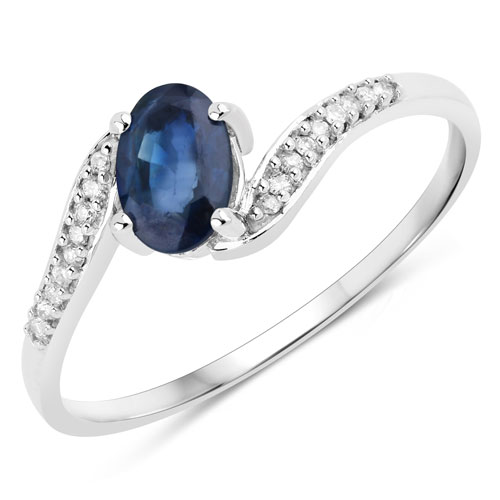 Sapphire-0.53 Carat Genuine Blue Sapphire and White Diamond 14K White Gold Ring