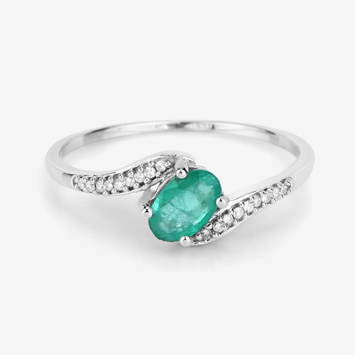 0.49 Carat Genuine Zambian Emerald and White Diamond 14K White Gold Ring