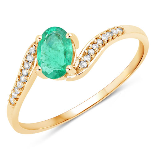 Emerald-0.49 Carat Genuine Zambian Emerald and White Diamond 14K Yellow Gold Ring