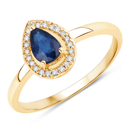 Sapphire-0.48 Carat Genuine Blue Sapphire and White Diamond 14K Yellow Gold Ring