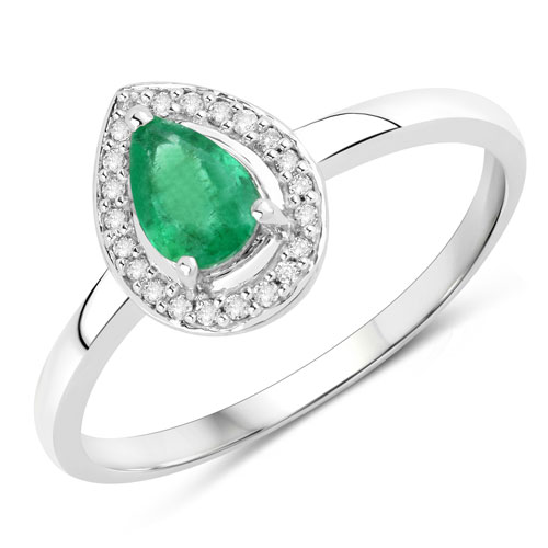 Emerald-0.41 Carat Genuine Zambian Emerald and White Diamond 14K White Gold Ring