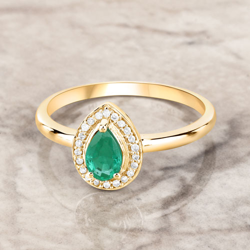 0.41 Carat Genuine Zambian Emerald and White Diamond 14K Yellow Gold Ring