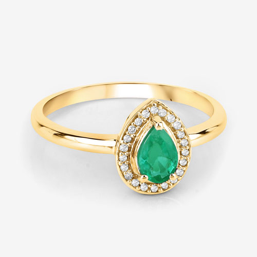 0.41 Carat Genuine Zambian Emerald and White Diamond 14K Yellow Gold Ring