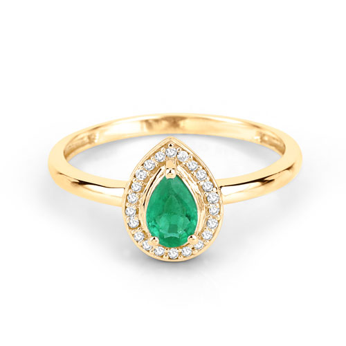 0.41 Carat Genuine Zambian Emerald and White Diamond 14K Yellow Gold Ring