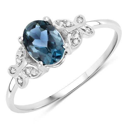 Rings-0.94 Carat Genuine London Blue Topaz and White Diamond 14K White Gold Ring