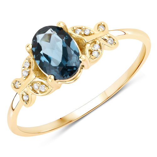 Rings-0.93 Carat Genuine London Blue Topaz and White Diamond 14K Yellow Gold Ring