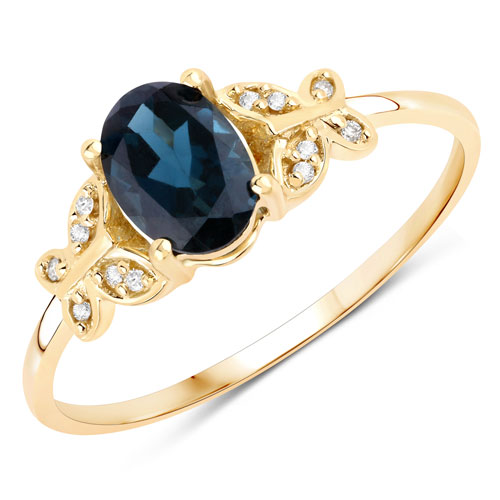 Rings-0.93 Carat Genuine London Blue Topaz and White Diamond 14K Yellow Gold Ring