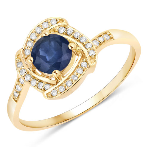 Sapphire-0.73 Carat Genuine Blue Sapphire and White Diamond 14K Yellow Gold Ring