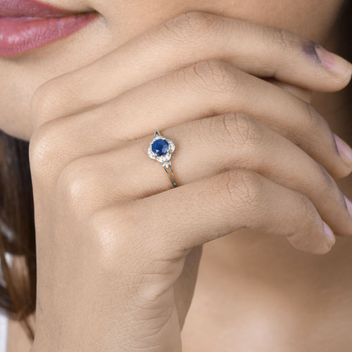 0.69 Carat Genuine Blue Sapphire and White Diamond 14K White Gold Ring