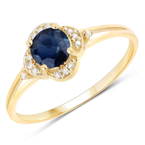 Sapphire-0.69 Carat Genuine Blue Sapphire and White Diamond 14K Yellow Gold Ring