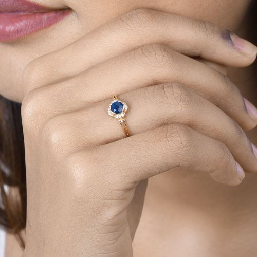 0.69 Carat Genuine Blue Sapphire and White Diamond 14K Yellow Gold Ring