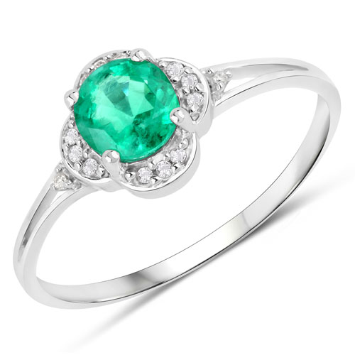 Emerald-0.46 Carat Genuine Zambian Emerald and White Diamond 14K White Gold Ring
