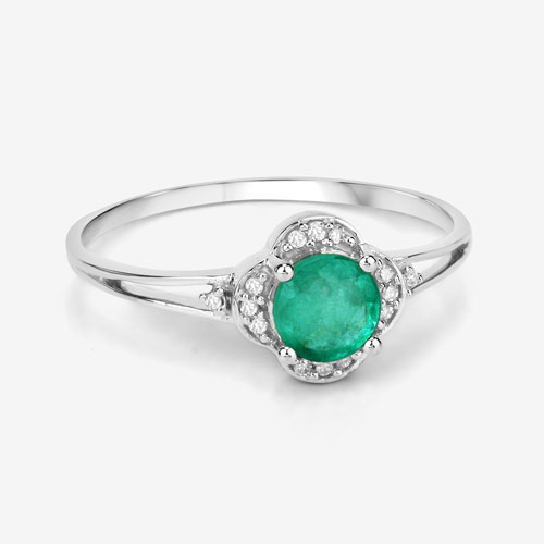 0.46 Carat Genuine Zambian Emerald and White Diamond 14K White Gold Ring