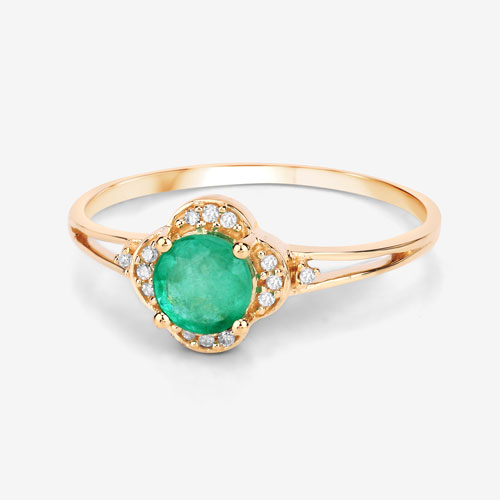 0.46 Carat Genuine Zambian Emerald and White Diamond 14K Yellow Gold Ring