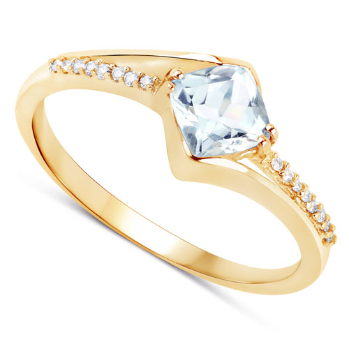 0.88 Carat Genuine Aquamarine and White Diamond 14K Yellow Gold Ring