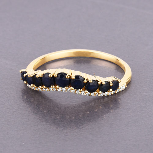 0.79 Carat Genuine Blue Sapphire and White Diamond 14K Yellow Gold Ring