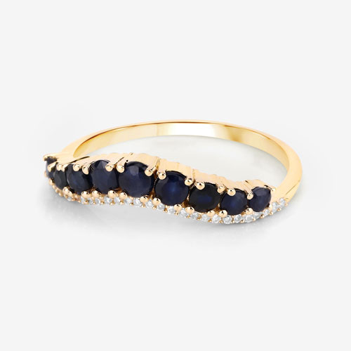 0.79 Carat Genuine Blue Sapphire and White Diamond 14K Yellow Gold Ring