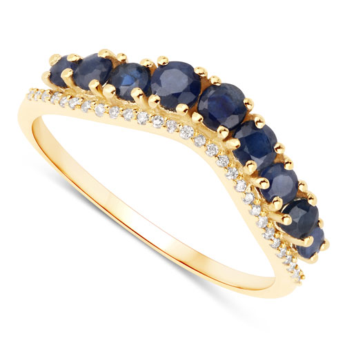 0.79 Carat Genuine Blue Sapphire and White Diamond 14K Yellow Gold Ring
