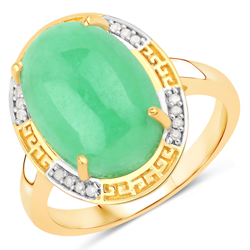 Rings-7.60 Carat Genuine Green Jade and White Diamond .925 Sterling Silver Ring