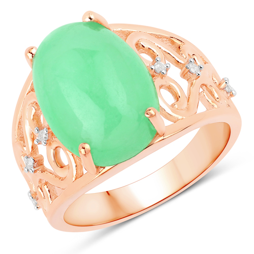 Rings-8.00 Carat Genuine Green Jade and White Diamond .925 Sterling Silver Ring