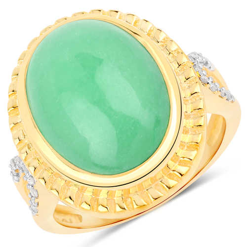 Rings-12.50 Carat Genuine Green Jade and White Diamond .925 Sterling Silver Ring