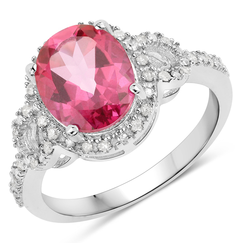 Rings-3.15 Carat Genuine Pink Topaz and White Diamond .925 Sterling Silver Ring
