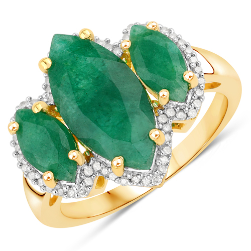 Emerald-3.67 Carat Dyed Emerald and White Diamond .925 Sterling Silver Ring