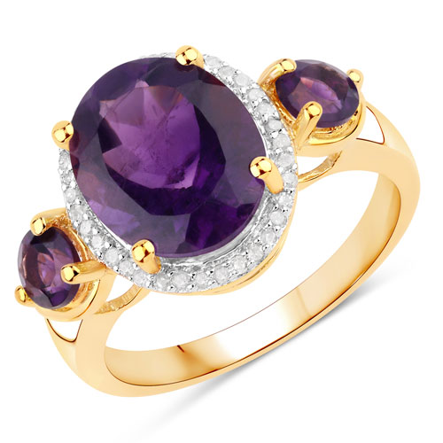 Amethyst-3.819 Carat Genuine Amethyst and White Diamond .925 Sterling Silver Ring