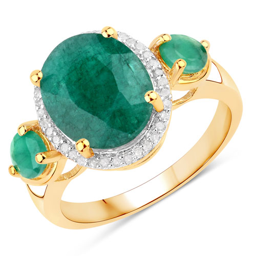 Emerald-3.999 Carat Genuine Emerald and White Diamond .925 Sterling Silver Ring