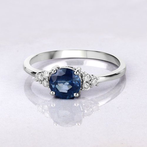1.08 Carat Genuine Blue Sapphire and White Diamond 14K White Gold Ring