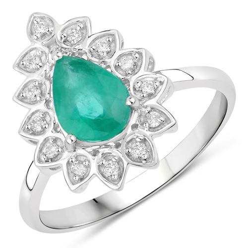 Emerald-1.23 Carat Genuine Zambian Emerald and White Diamond 14K White Gold Ring