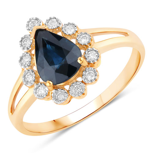 Sapphire-1.46 Carat Genuine Blue Sapphire and White Diamond 10K Yellow Gold Ring