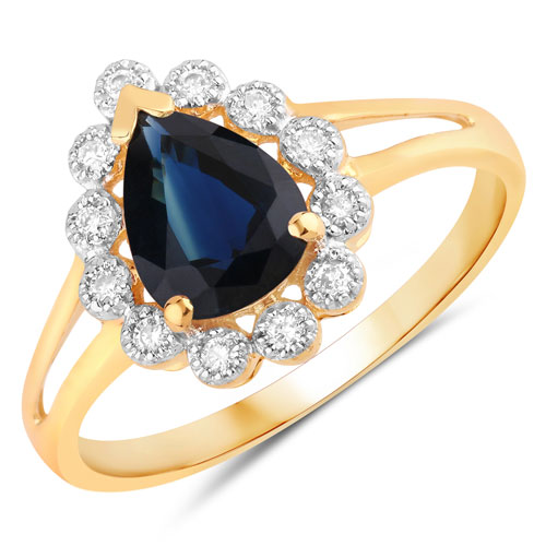 Sapphire-1.46 Carat Genuine Blue Sapphire and White Diamond 14K Yellow Gold Ring