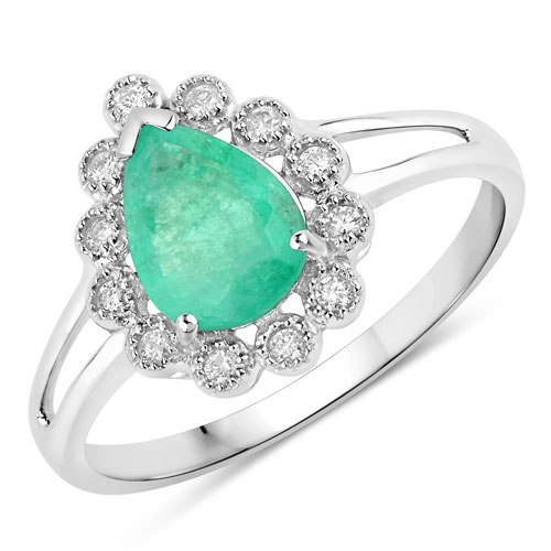 Emerald-1.22 Carat Genuine Zambian Emerald and White Diamond 10K White Gold Ring