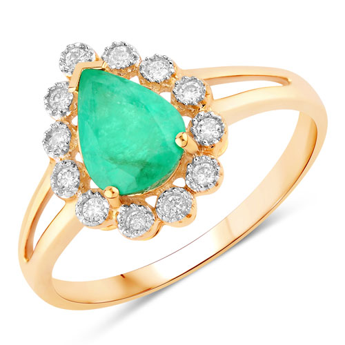 Emerald-1.22 Carat Genuine Zambian Emerald and White Diamond 10K Yellow Gold Ring