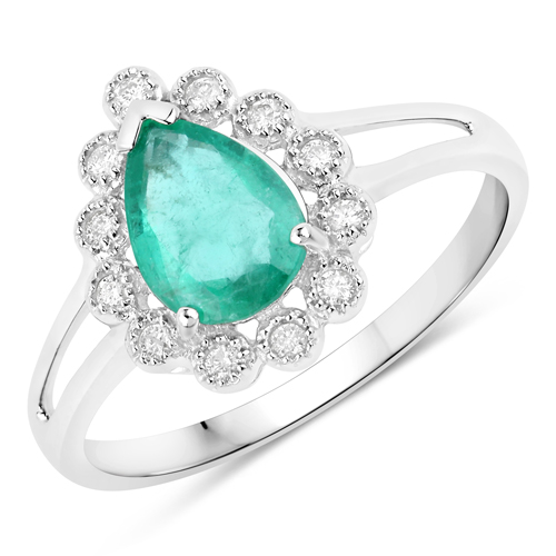 Emerald-1.22 Carat Genuine Zambian Emerald and White Diamond 14K White Gold Ring