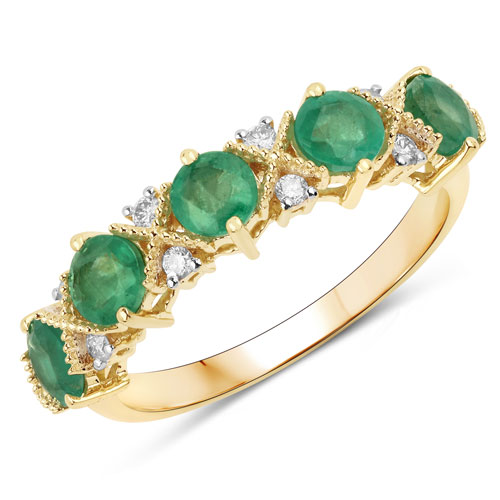 Emerald-1.26 Carat Genuine Zambian Emerald and White Diamond 14K Yellow Gold Ring