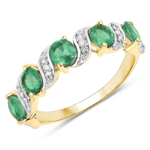 Emerald-1.21 Carat Genuine Zambian Emerald and White Diamond 14K Yellow Gold Ring