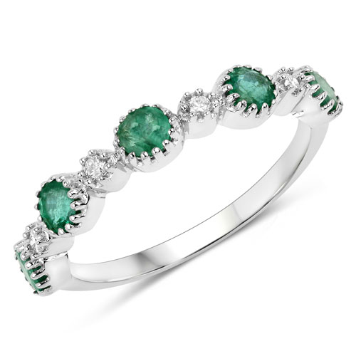 Emerald-0.66 Carat Genuine Zambian Emerald and White Diamond 14K White Gold Ring