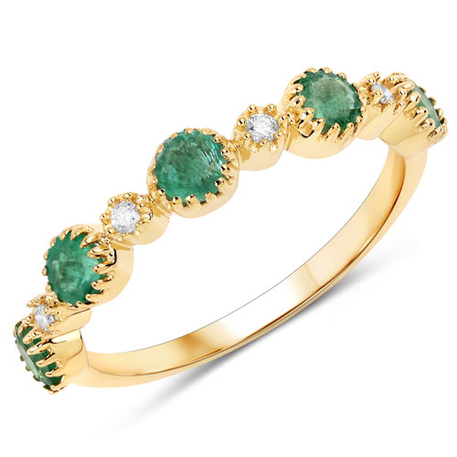Emerald-0.66 Carat Genuine Zambian Emerald and White Diamond 14K Yellow Gold Ring