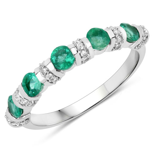 Emerald-0.74 Carat Genuine Zambian Emerald and White Diamond 14K White Gold Ring