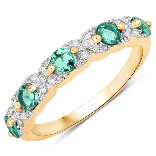 Emerald-0.69 Carat Genuine Zambian Emerald and White Diamond 14K Yellow Gold Ring