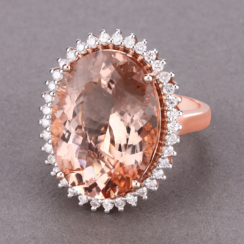 13.88 Carat Genuine Morganite and White Diamond 14K Rose Gold Ring