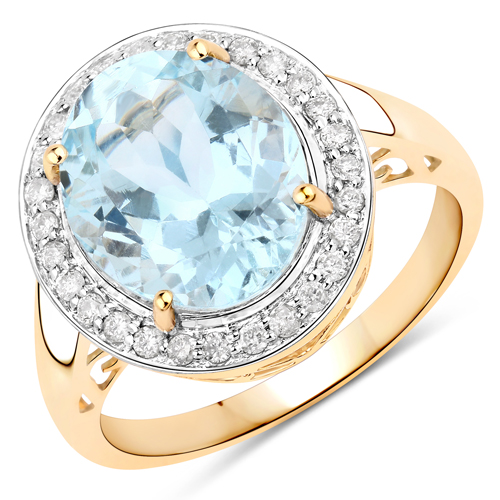 Rings-4.33 Carat Genuine Aquamarine and White Diamond 14K Yellow Gold Ring